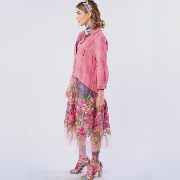 Aratta Pink Floral Embroidered Love Shirt Dress Crystal Button Boho Statement - Picture 8 of 14